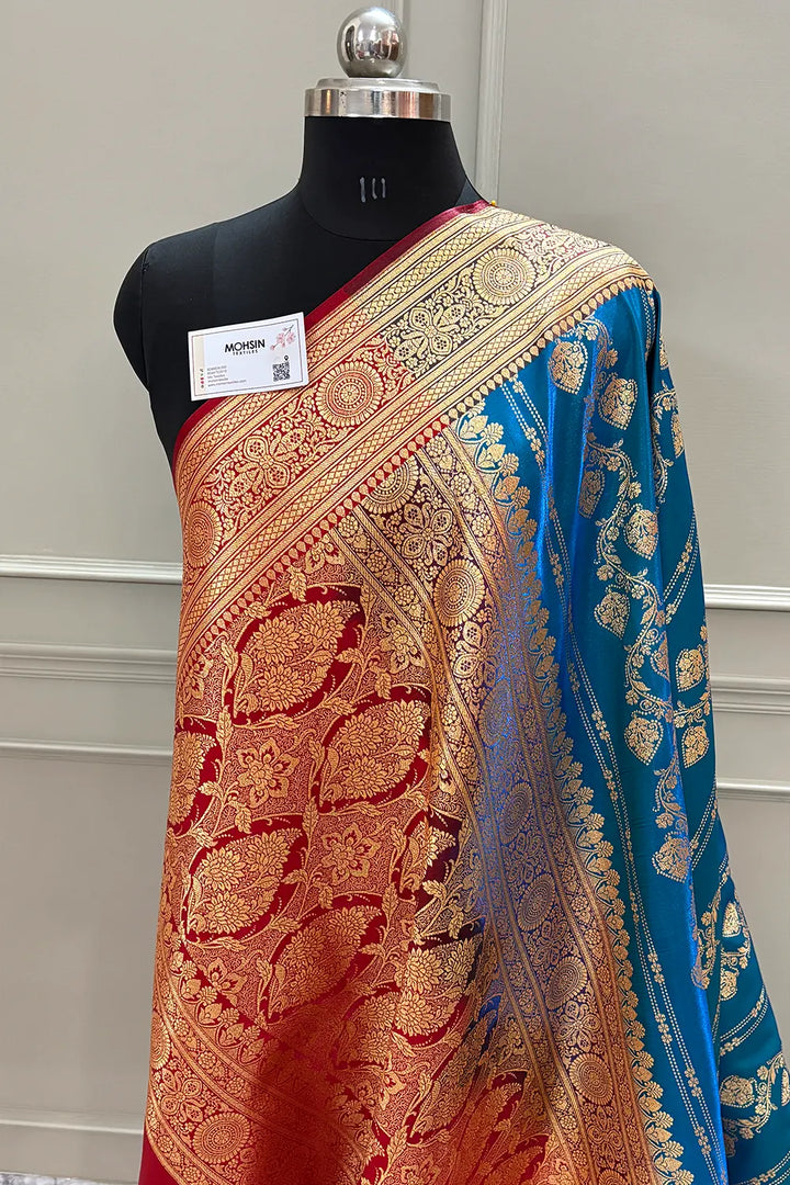 Firozi and Red Latar Patti Katan Silk Banarasi Saree