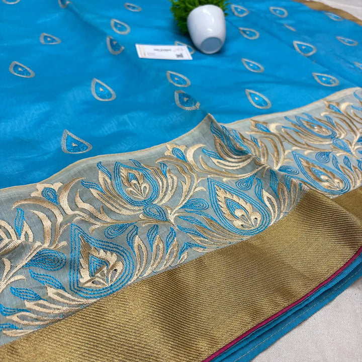 Firozi Embroidery Work Cotton Silk Banarasi Saree