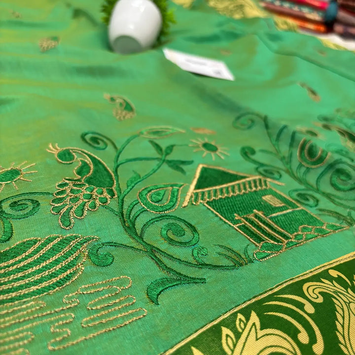 Green Embroidery Work Cotton Silk Banarasi Saree