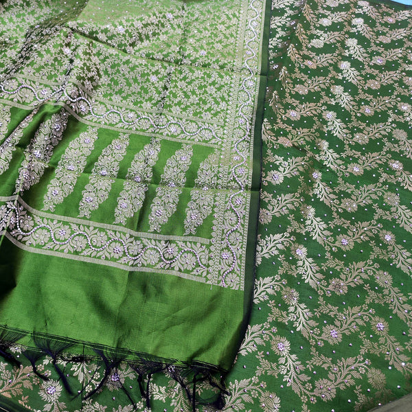 Green Satin Silk Silver Stone Work Banarasi Suit