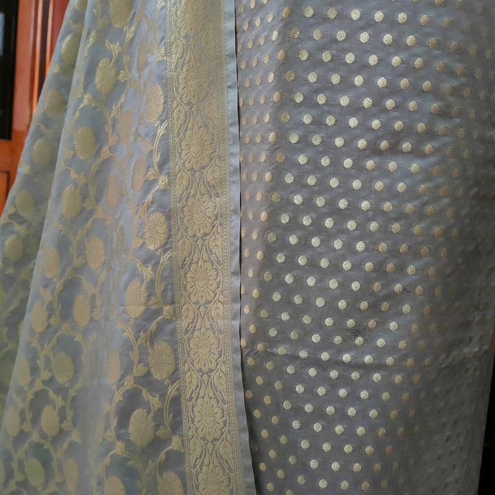Grey Chunri Pattern Katan Silk Banarasi Suit