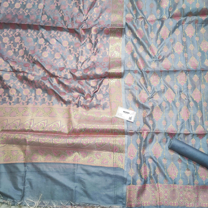 Grey Pink Meena Katan Silk Banarasi Suit