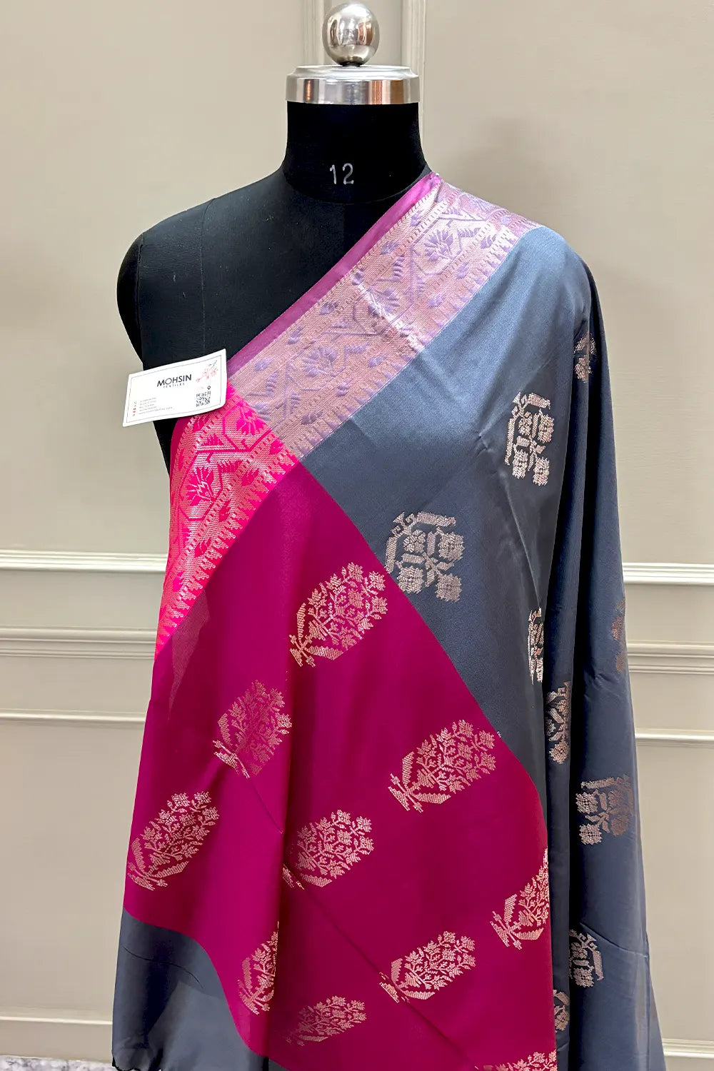 Grey and Pink Golden Zari Banarasi Silk Saree