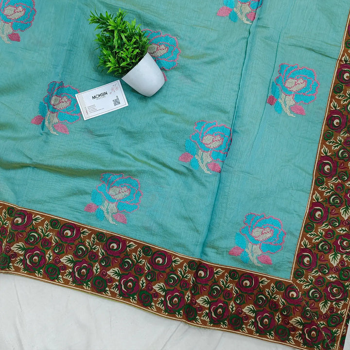Light Firozi Embroidery Cotton Silk Banarasi Saree – Mohsin Textiles