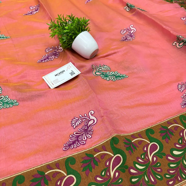 Light Peach Embroidery Work Cotton Silk Banarasi Saree
