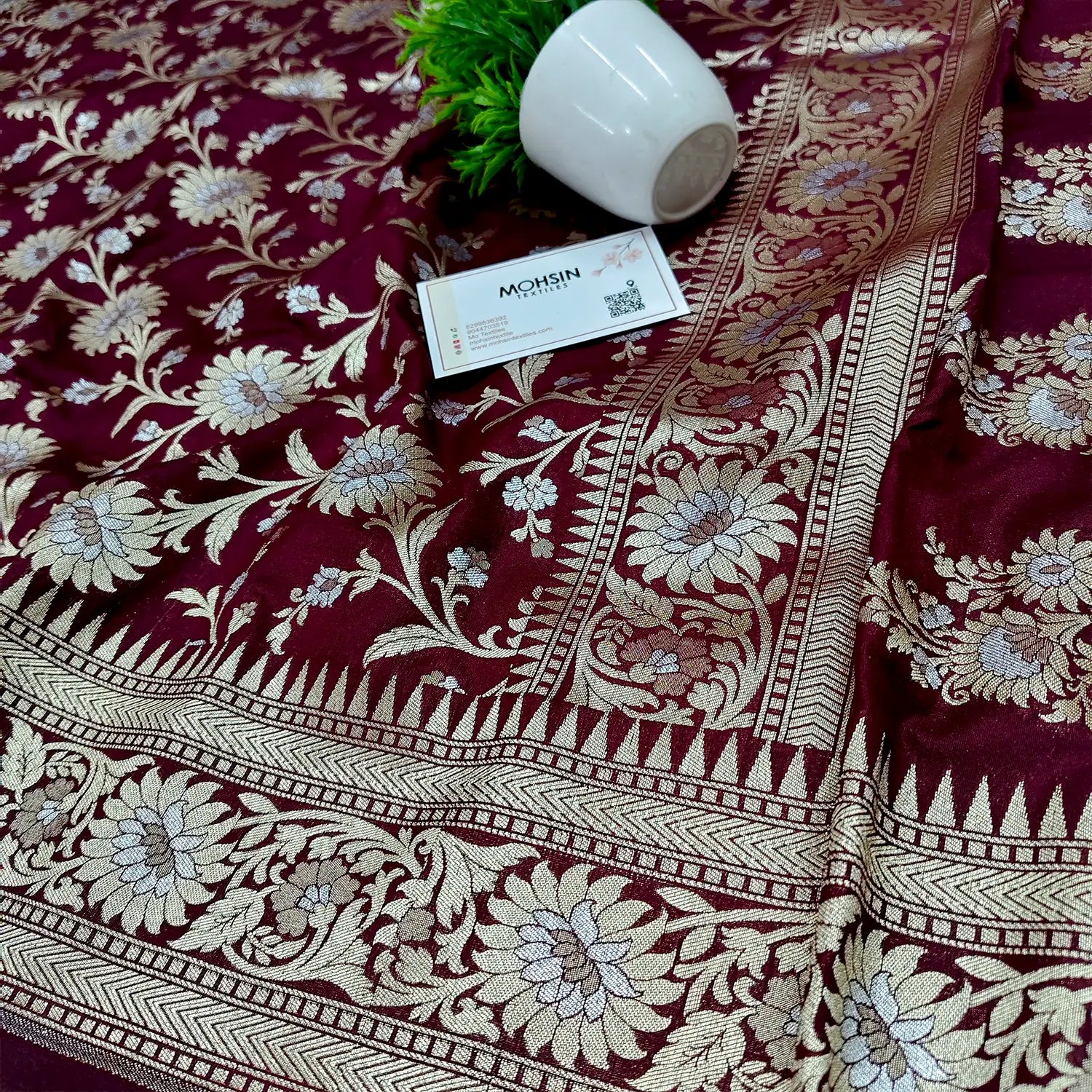 Maroon Ganga Jamuna Crepe Silk Banarasi Saree