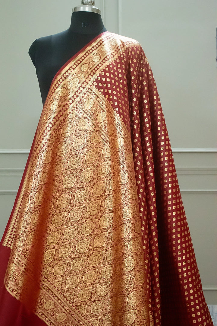 Maroon Golden Paan Katan Silk Banarasi Saree