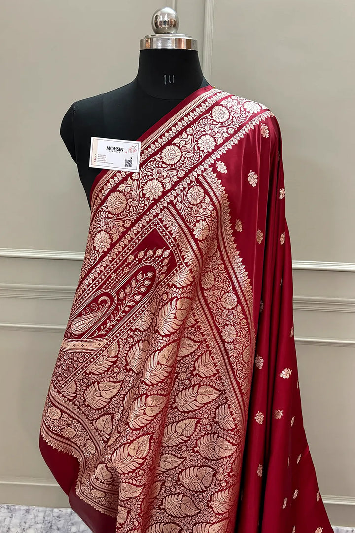 Maroon Golden Zari Katan Silk Banarasi Saree