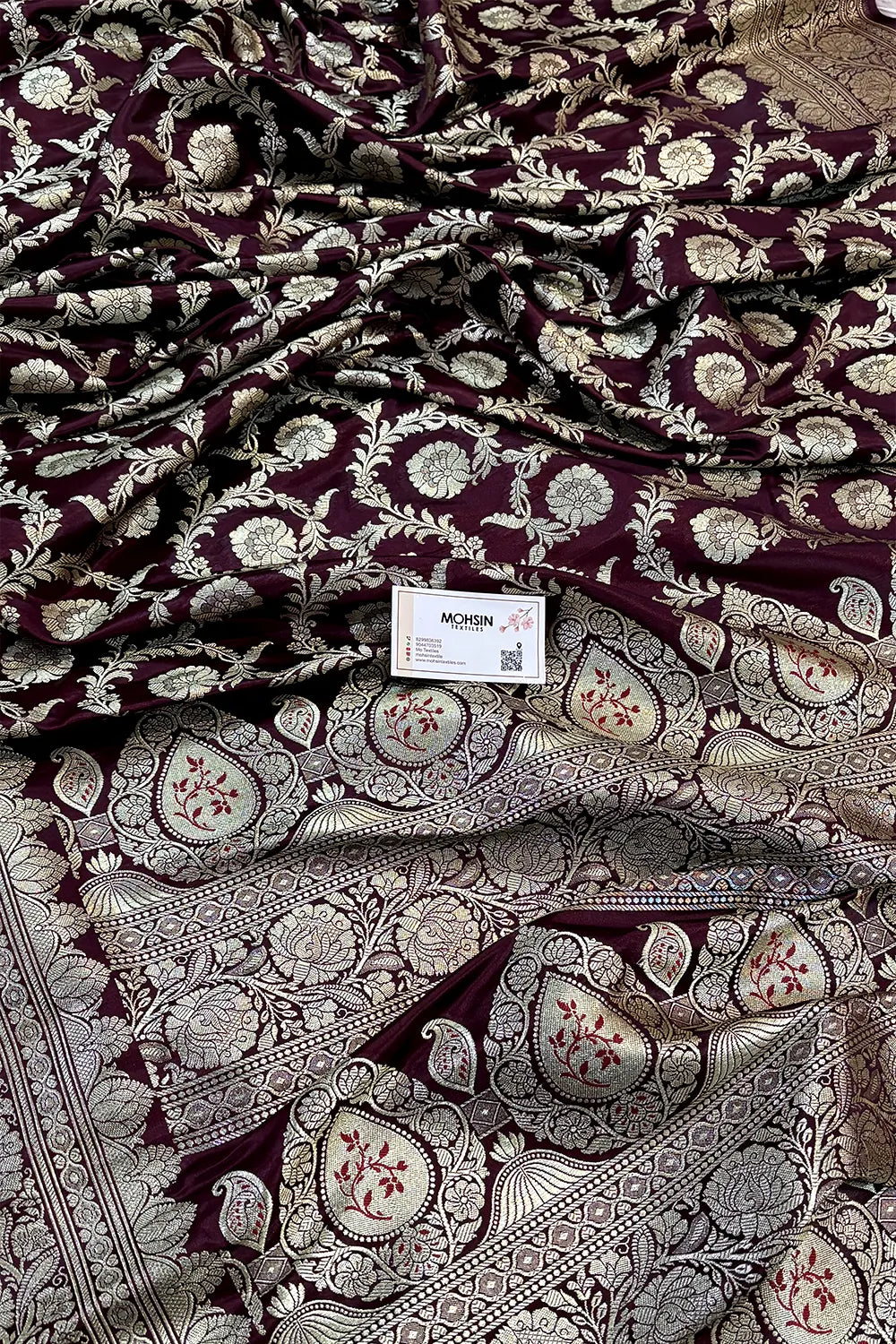 Wine Golden Zari Katan Silk Banarasi Saree