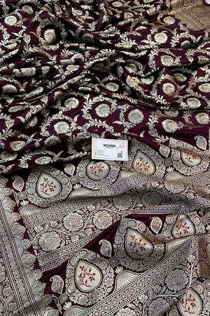 Wine Golden Zari Katan Silk Banarasi Saree