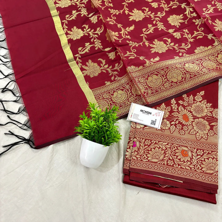 Maroon Golden Zari Satin Silk Banarasi Suit