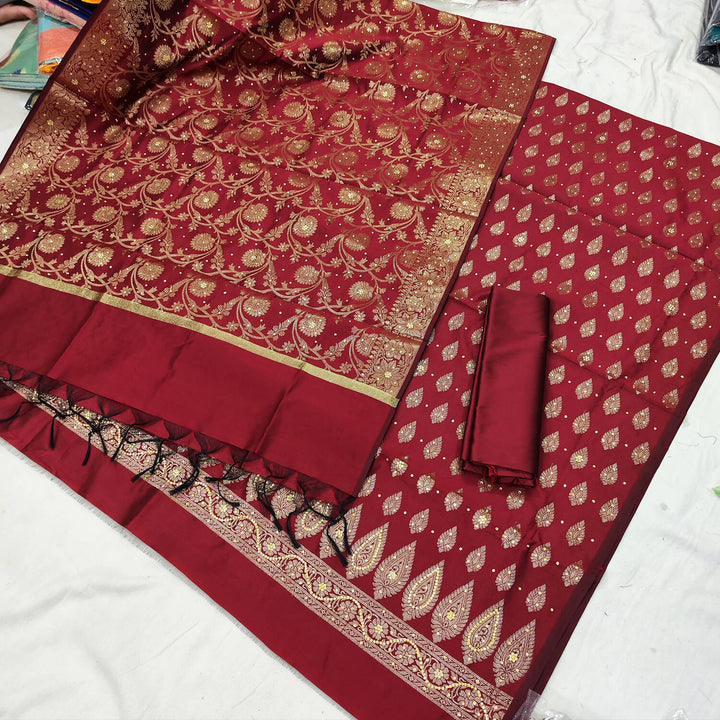 Maroon Satin Silk Stone Work Banarasi Suit