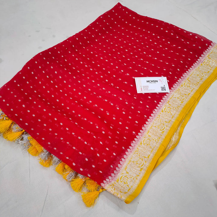 Maroon & Yellow Handloom Khaddi Georgette Banarasi Dupatta