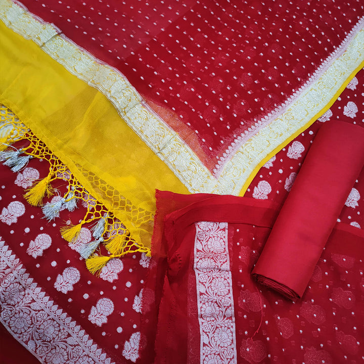 Maroon & Yellow Handloom Pure Khaddi Georgette Banarasi Suit