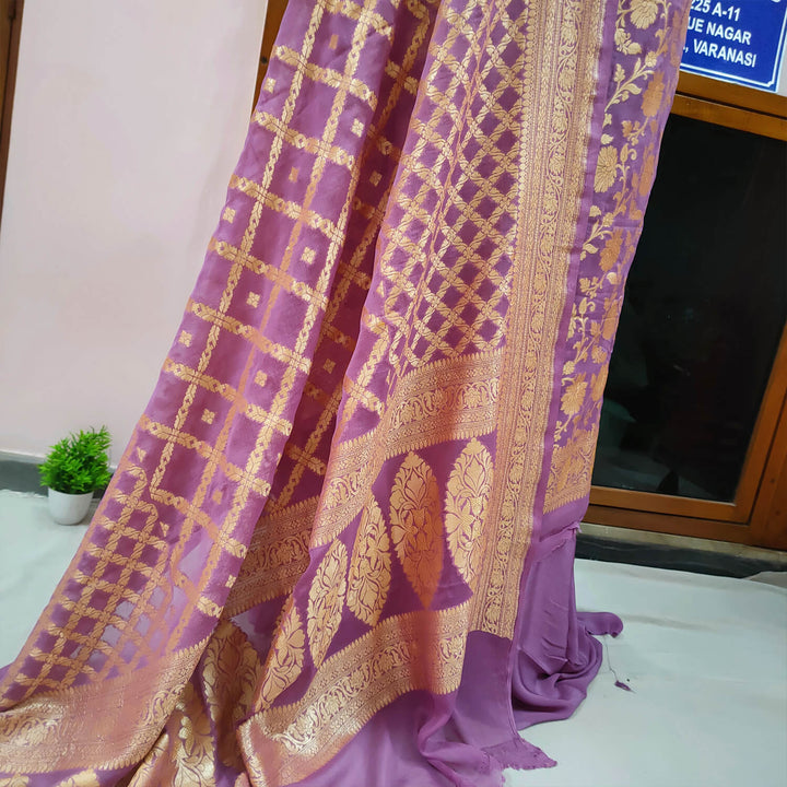 Mauve Pure Khaddi Georgette Silk Banarasi Suit