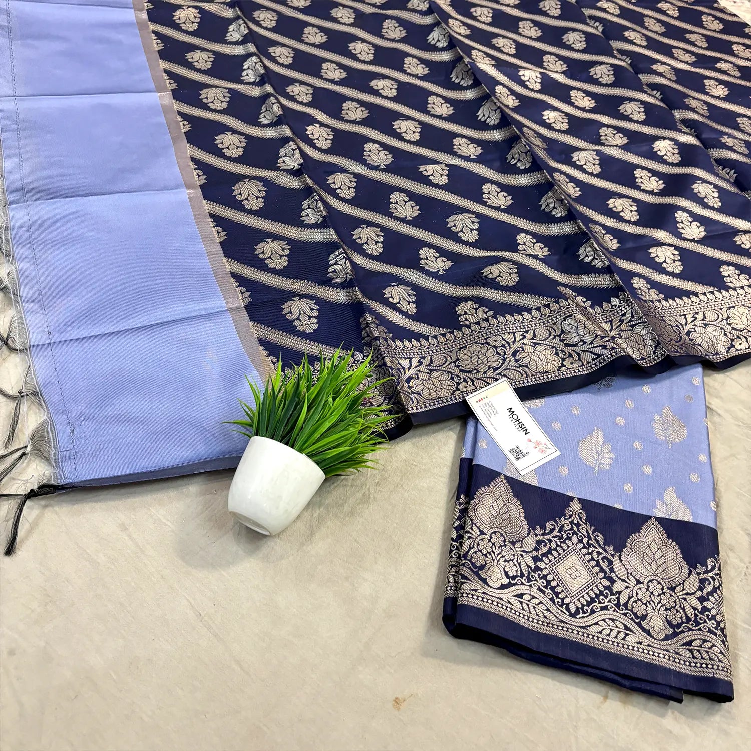 Mauve and Navy Blue Pankh Buti Satin Silk Banarasi Suit