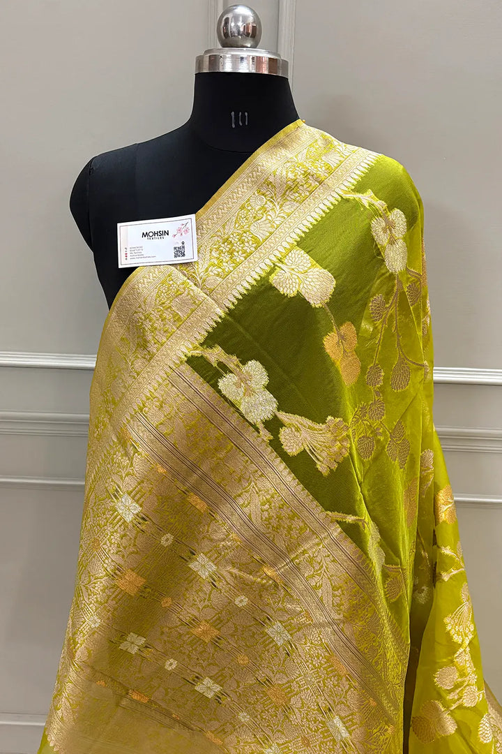 Mehendi Golden Zari Organza Silk Banarasi Saree