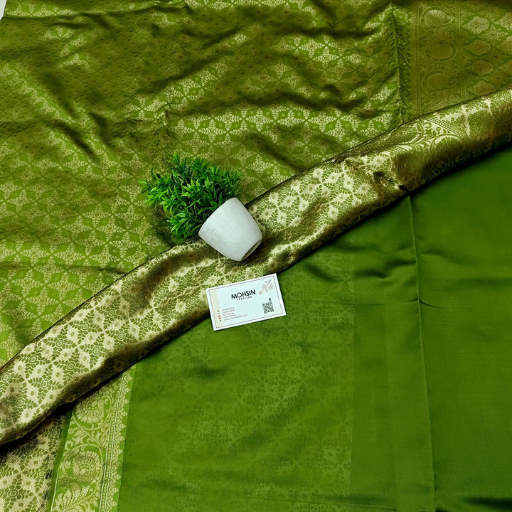 Mehendi Golden Zari Soft Silk Banarasi Saree