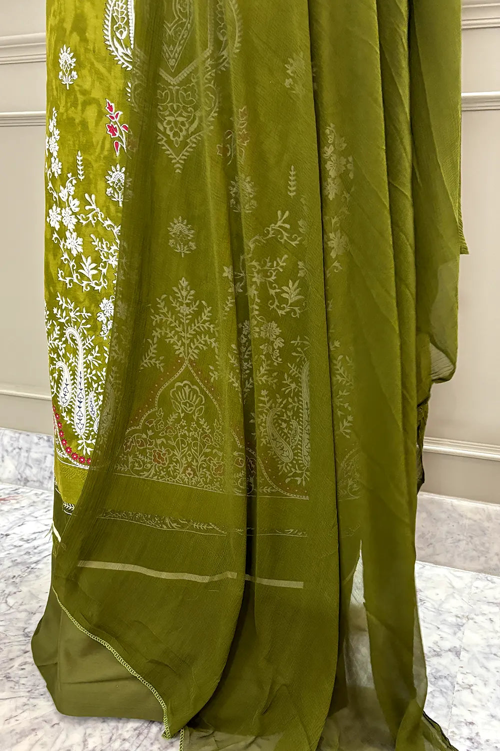 Mehendi Printed Cotton Silk Banarasi Suit