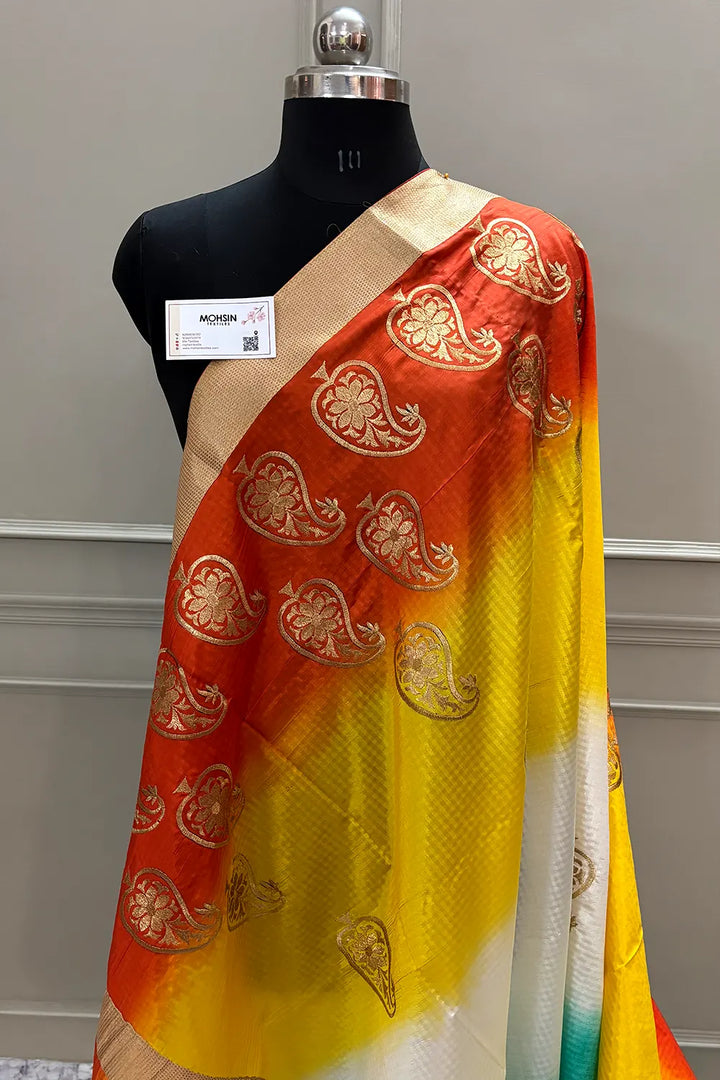 Multi Color Embroidery Work Satin Silk Banarasi Saree