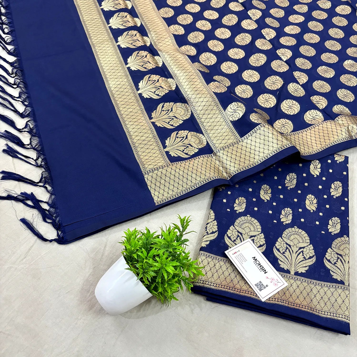 Navy Blue Golden Zari Katan Silk Banarasi Suit