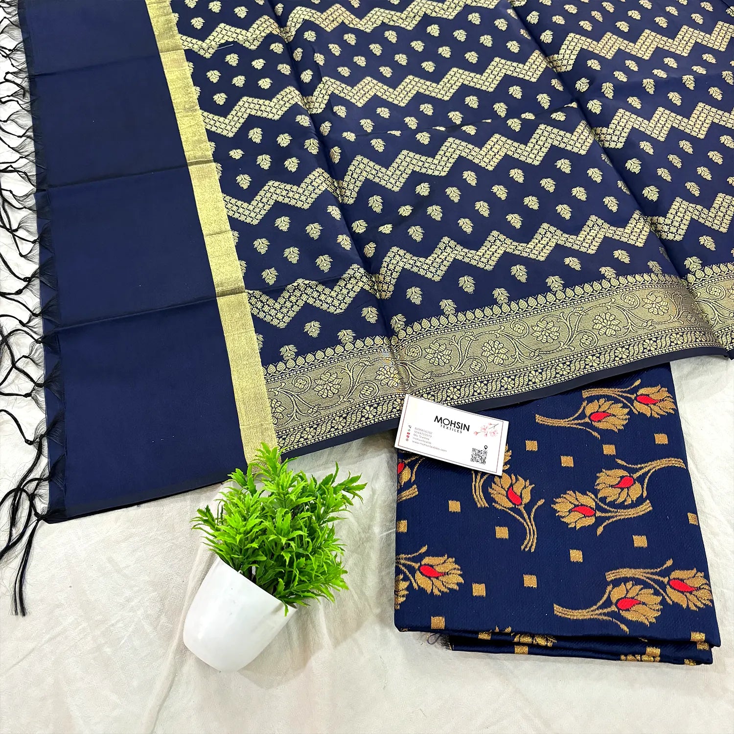 Navy Blue Golden Zari Satin Silk Banarasi Suit