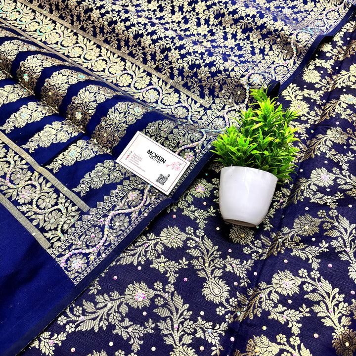 Navy Blue Stone Work Satin Silk Banarasi Suit