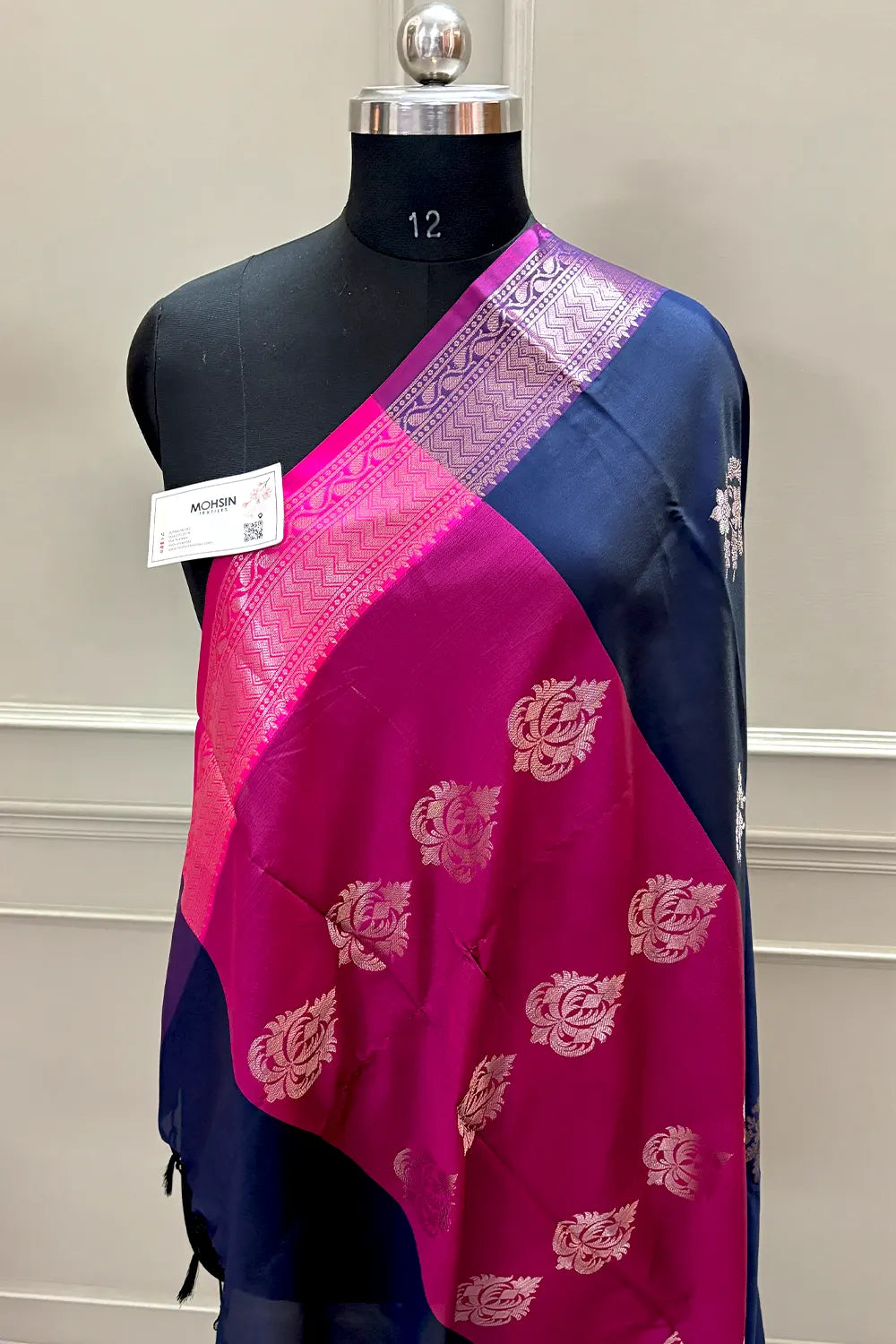 Navy Blue and Pink Golden Zari Banarasi Silk Saree