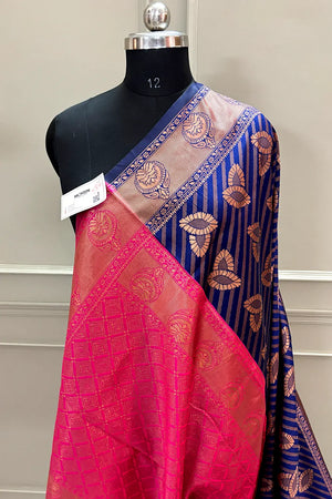 Navy Blue and Pink Resham Zari Banarasi Silk Saree