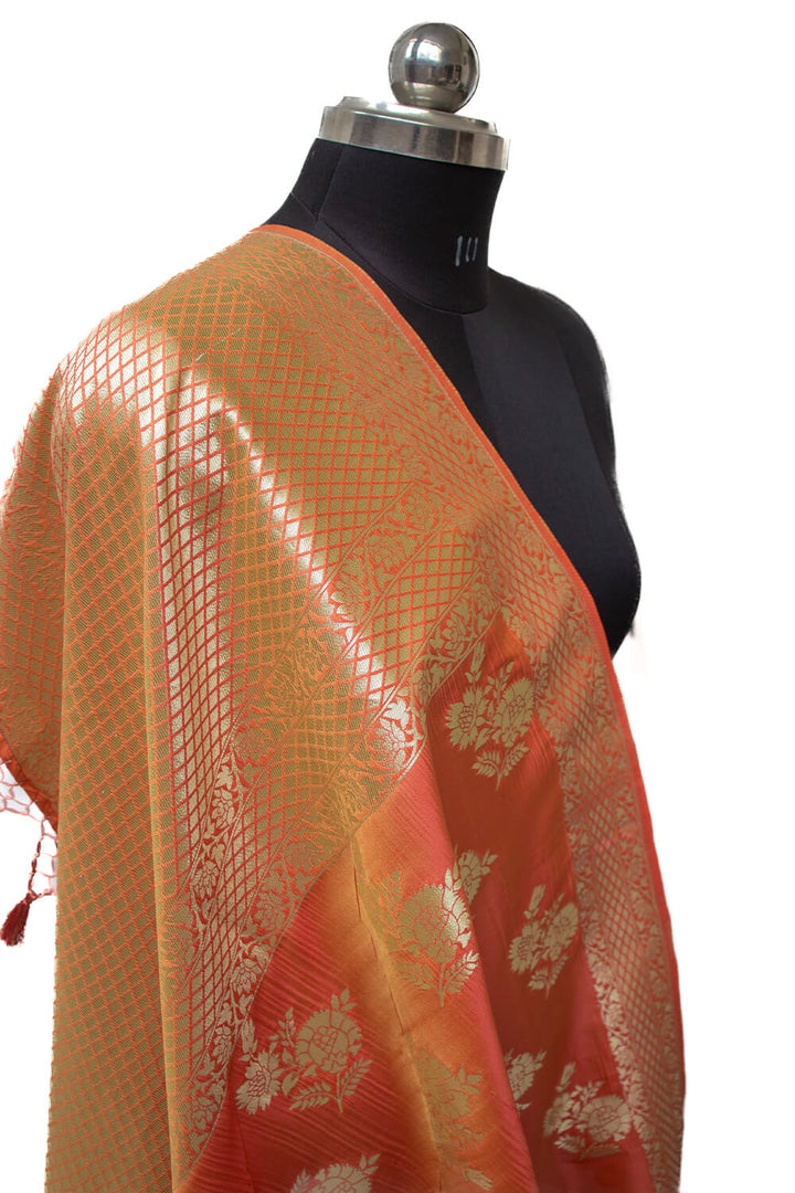 Orange Golden Zari Katan Silk Banarasi Dupatta