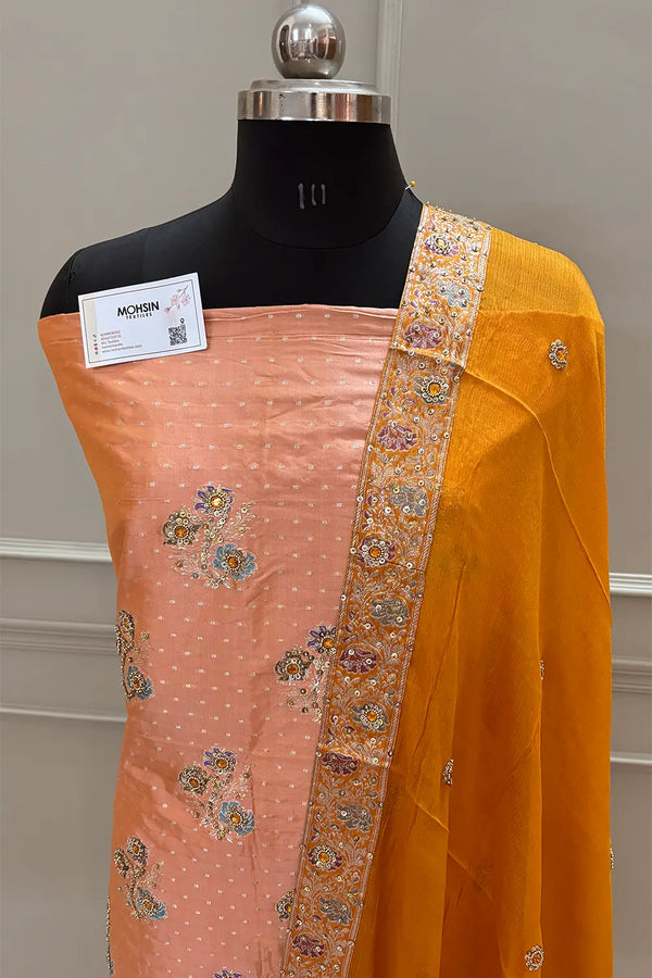 Orange Golden Zari Katan Silk Banarasi Suit