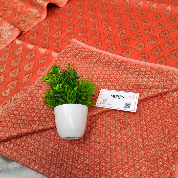 Orange Resham Zari Cotton Silk Banarasi Suit