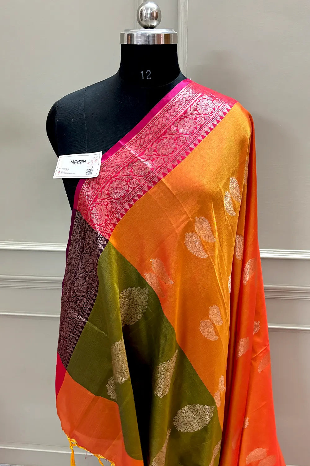 Orange and Mehendi Golden Zari Banarasi Silk Saree