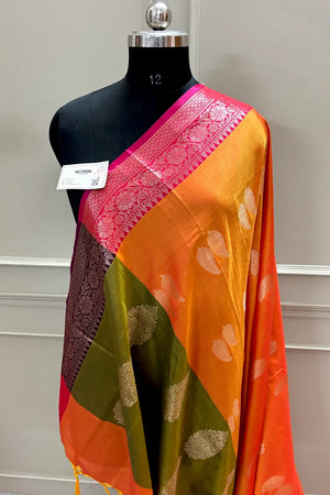 Orange and Mehendi Golden Zari Banarasi Silk Saree