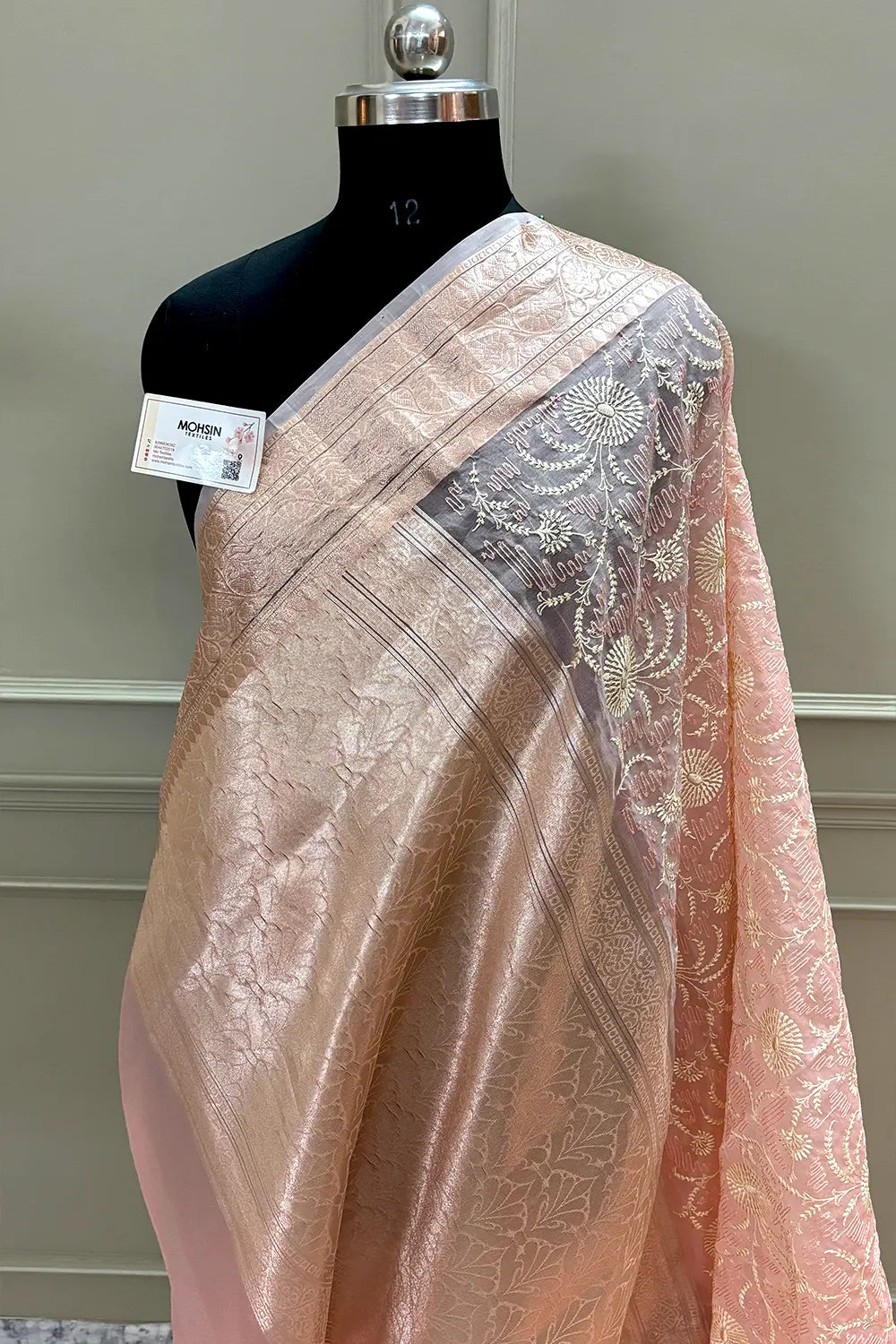 Peach Embroidery Organza Silk Banarasi Saree
