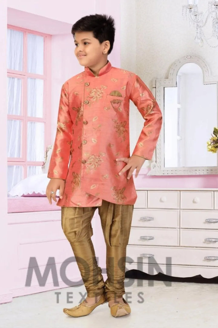 Peach Flower Buta Lilen Silk Boys Kurta Pajama