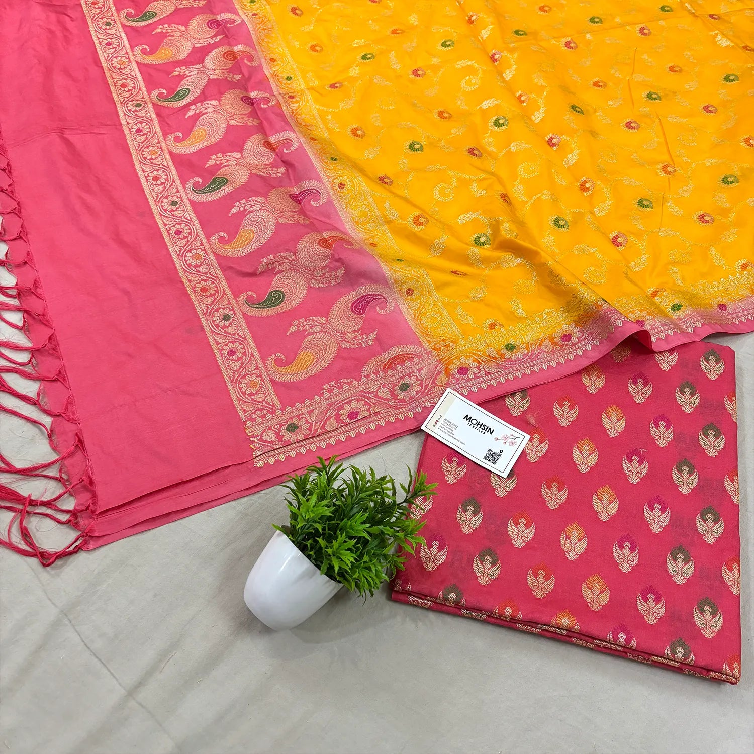 Peach and Yellow Golden Zari Katan Silk Banarasi Suit