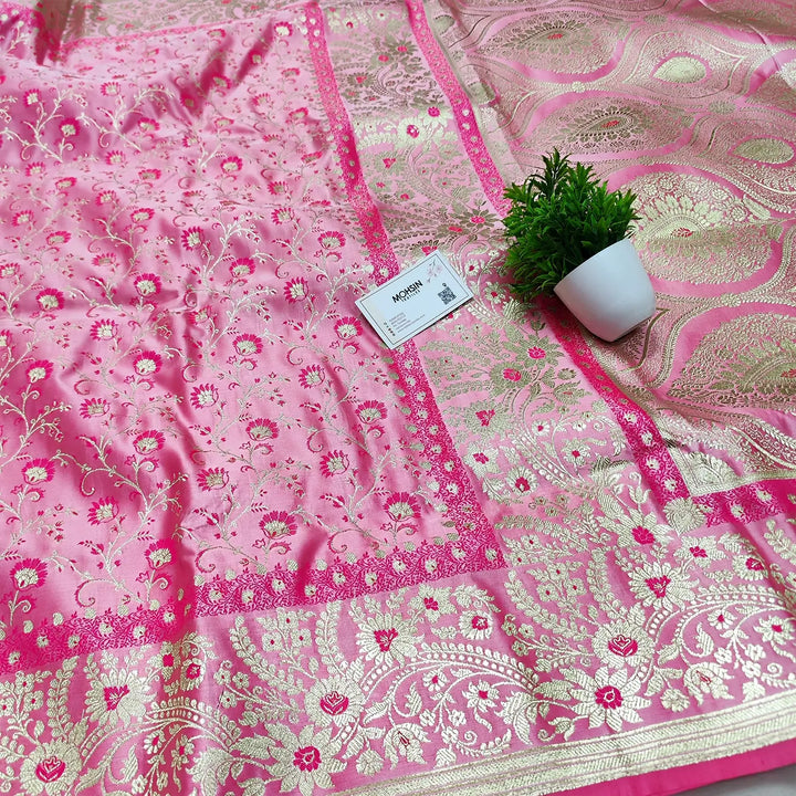 Pink Golden Zari Katan Silk Banarasi Saree