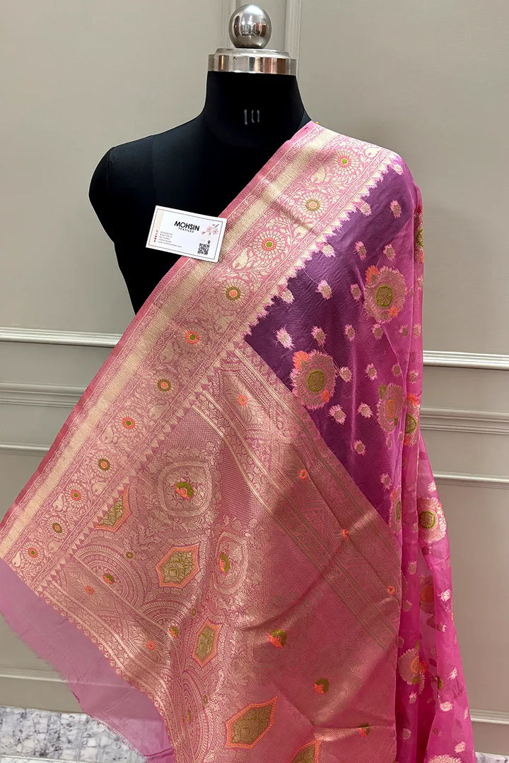 Pink Golden Zari Organza Silk Banarasi Saree