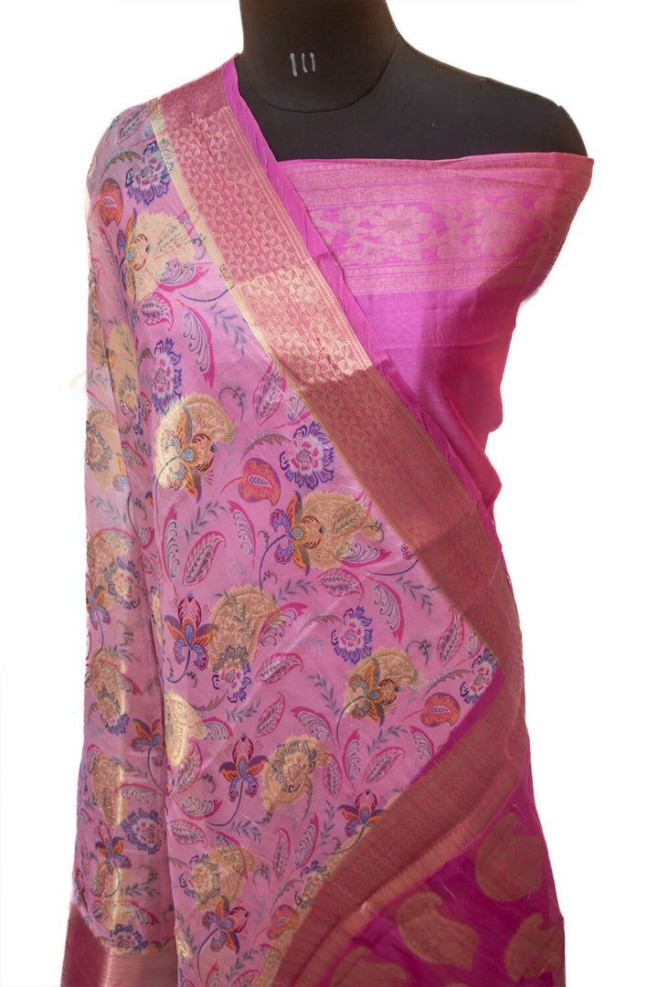 Pink Golden Zari Printed Organza Silk Saree