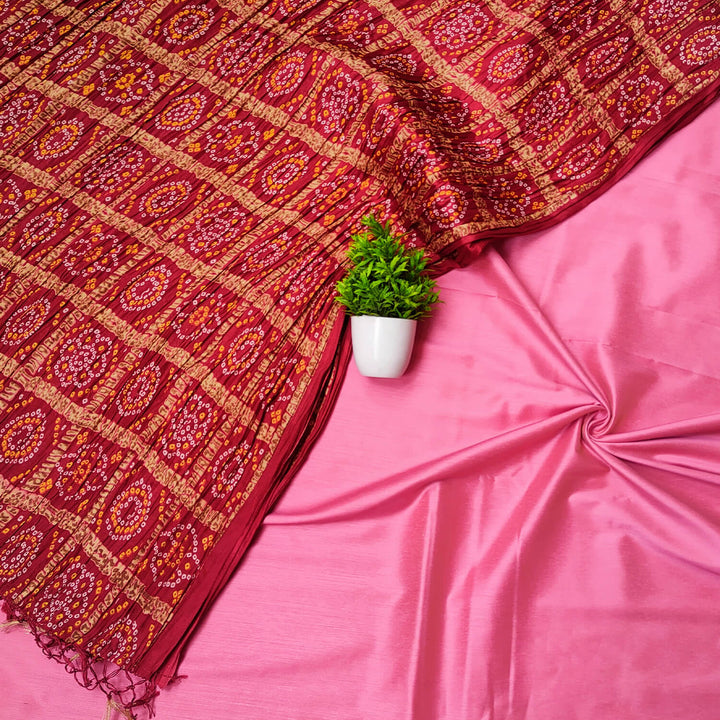 Pink Plain Banarasi Silk Suit With Bandhej Printed Dupatta