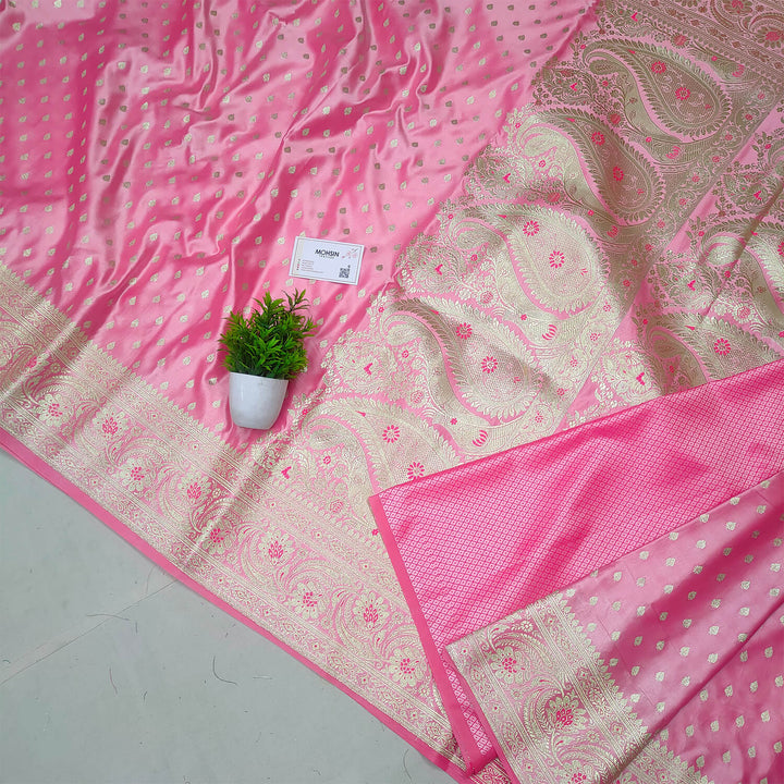 Pink Spades Buti Handloom Pure Katan Silk Banarasi Saree