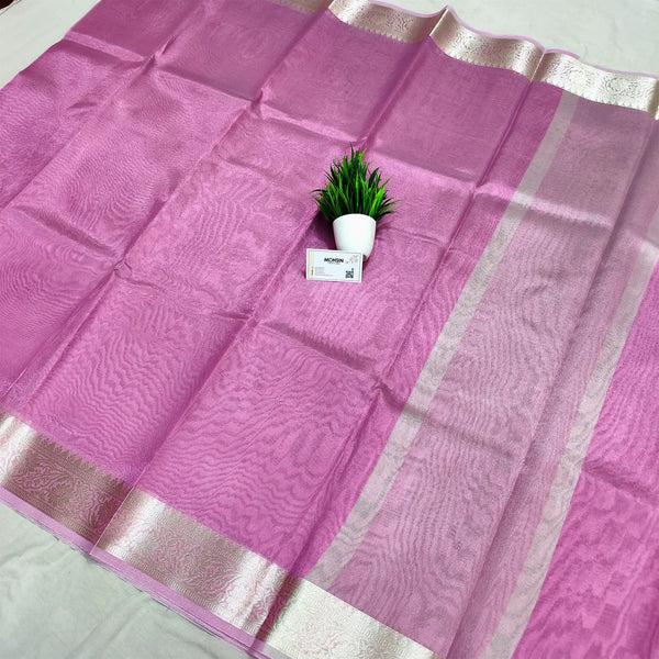 Pink Tarbana Plain Tissue Silk Banarasi Saree