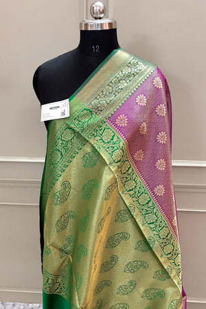 Pink and Green Brocade Banarasi Silk Saree