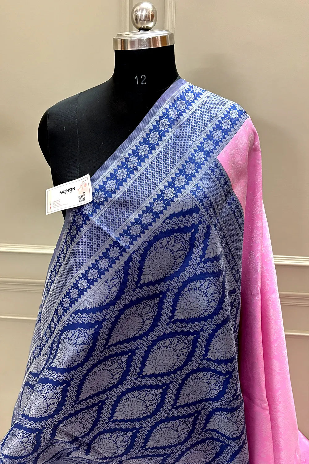 Pink and Navy Blue Silk Banarasi Saree
