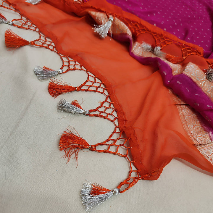 Pink and Orange Handloom Georgette Banarasi Dupatta