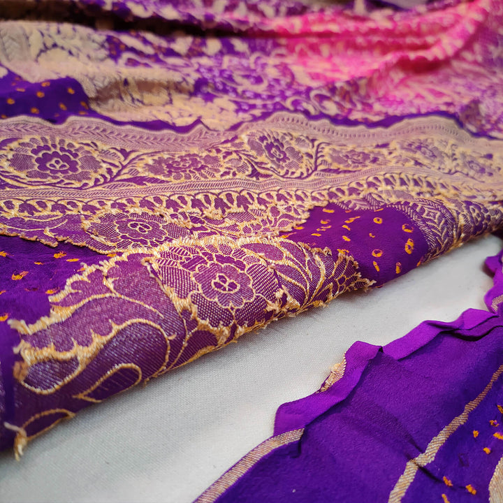 Pink and Purple Handloom Georgette Silk Bandhej Lahenga