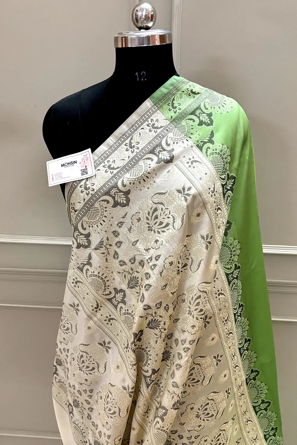 Pista and Beige Plain Resham Silk Banarasi Saree