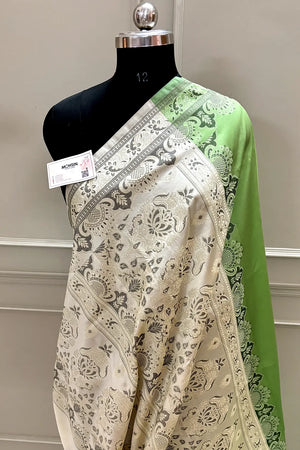 Pista and Beige Plain Resham Silk Banarasi Saree