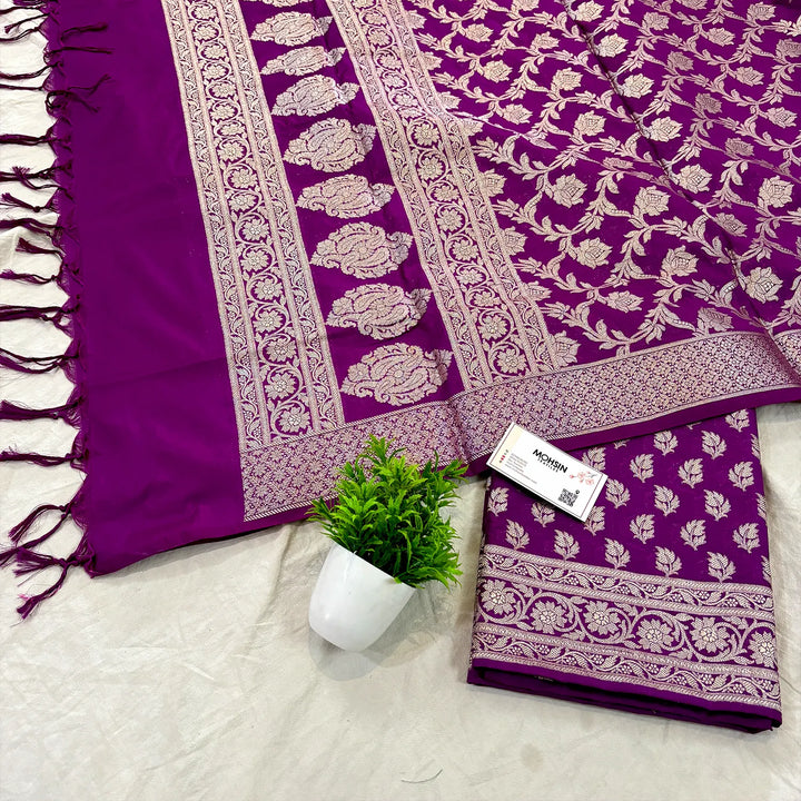 Purple Tedhi Patti Katan Silk Banarasi Suit